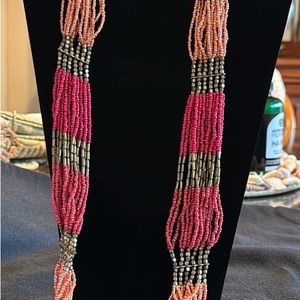 Necklace & earring set. Pink/peach/mauve beads with gold accents.